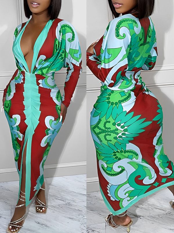 Bedrucktes, tief ausgeschnittenes, gerüschtes Kleid