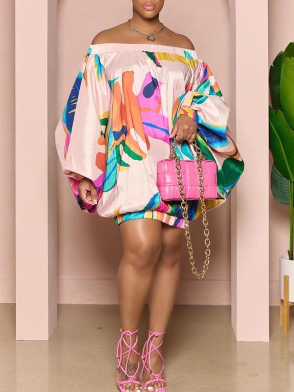 Bedrucktes schulterfreies Fallschirmkleid – Ausverkauf