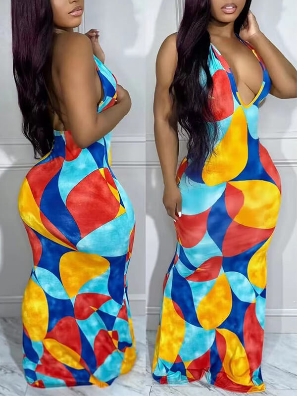 Robe dos nu à blocs de couleurs