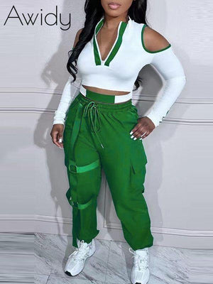 Cold-Shoulder Zip-Front Top & Jogger Pants Set Green