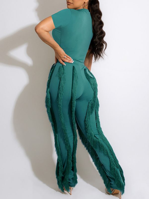 Ensemble t-shirt uni et pantalon à franges
