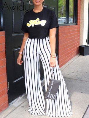 Logo Tee & Stripe Pants Set Black