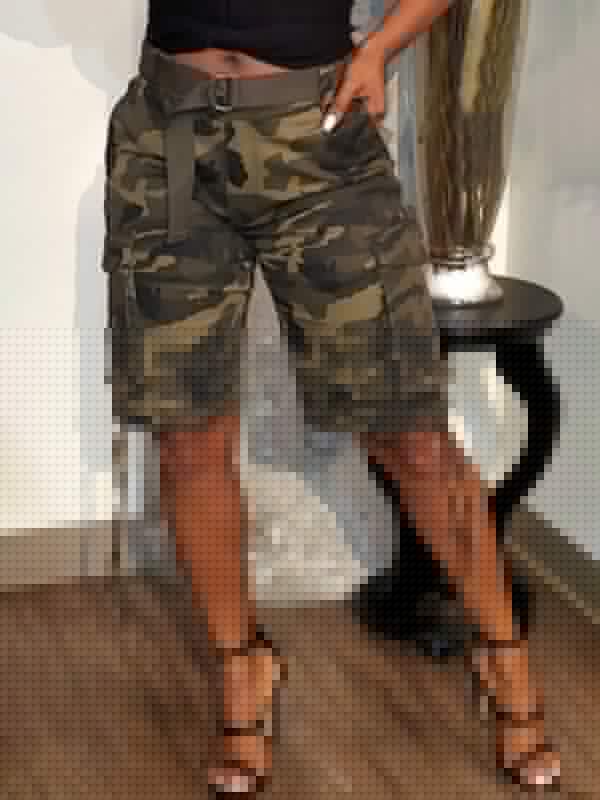 Drawstring Camo Cargo Shorts Olive