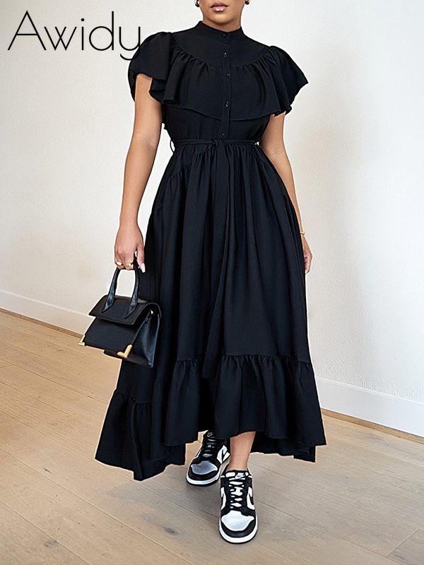Solid Ruffle Shirt Dress Black