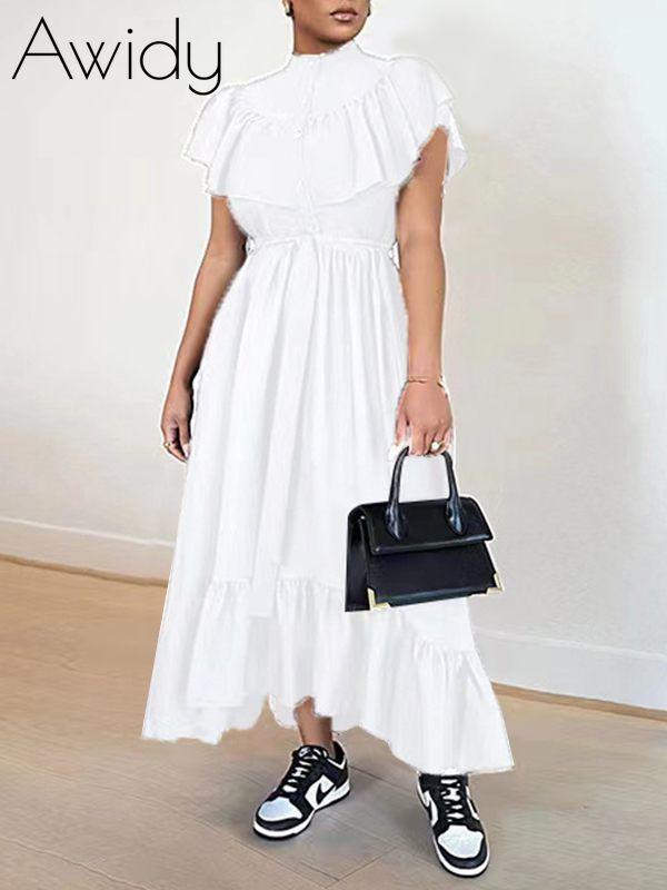 Solid Ruffle Shirt Dress White