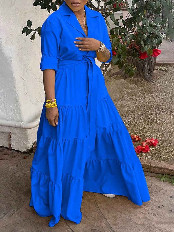 Einfarbiges Rüschenkleid mit Bindeband