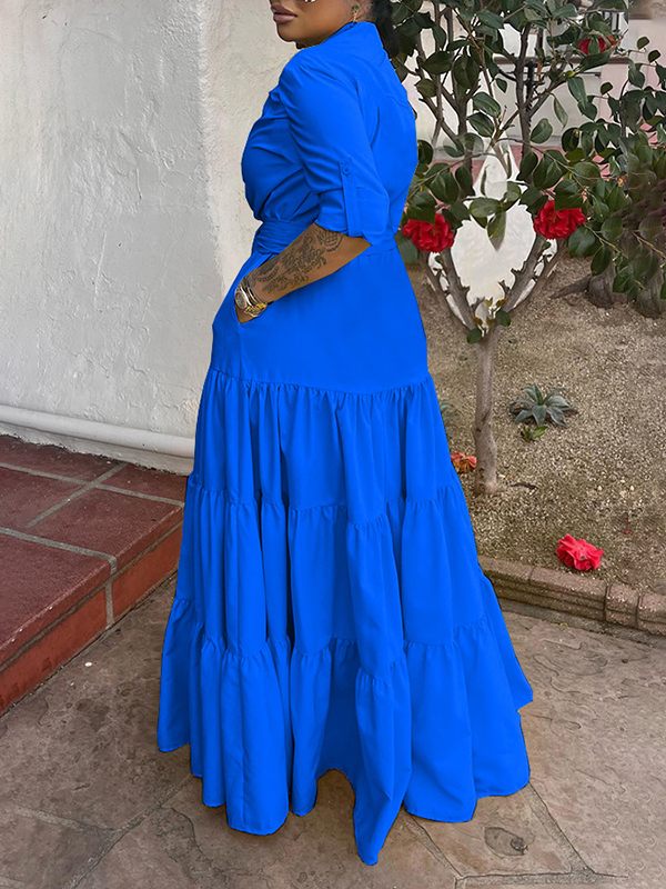 Einfarbiges Rüschenkleid mit Bindeband