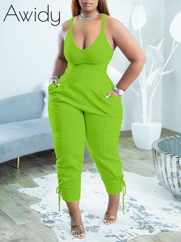 Solid V-Neck Sleeveless Jumpsuit--Clearance Green S