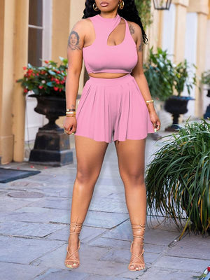 Set aus Tanktop und Shorts mit einfarbigem Cut-Out – Ausverkauf
