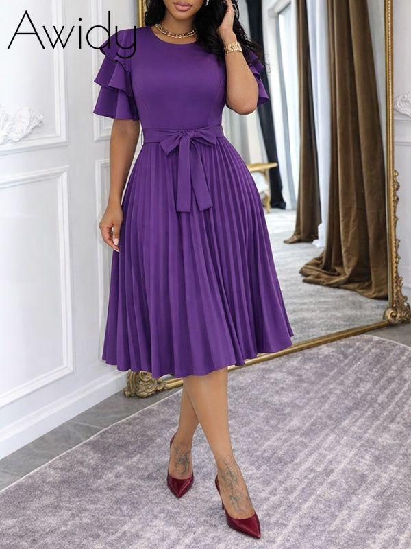 Solid Ruffle-Sleeve Pleated Dress