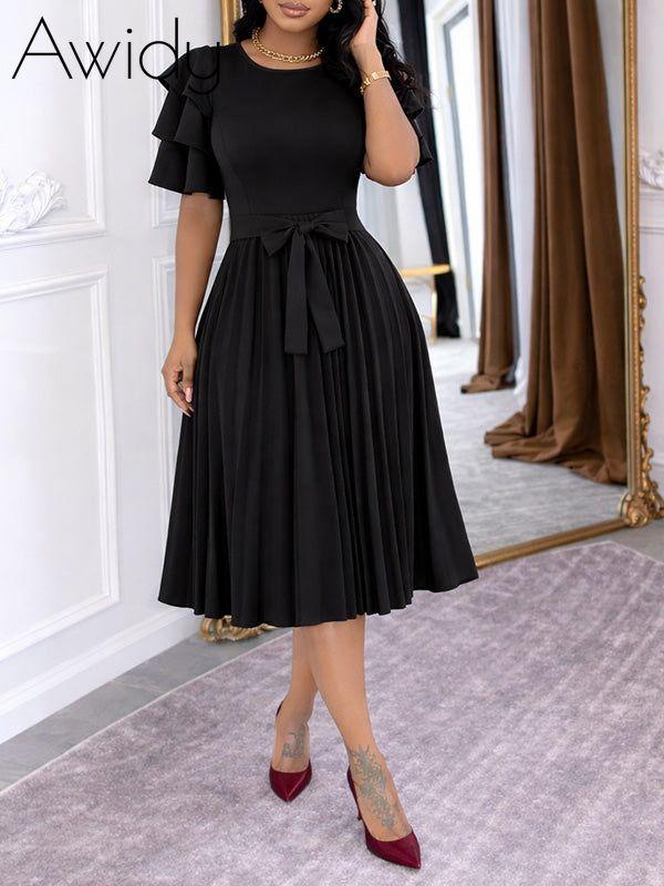 Solid Ruffle-Sleeve Pleated Dress