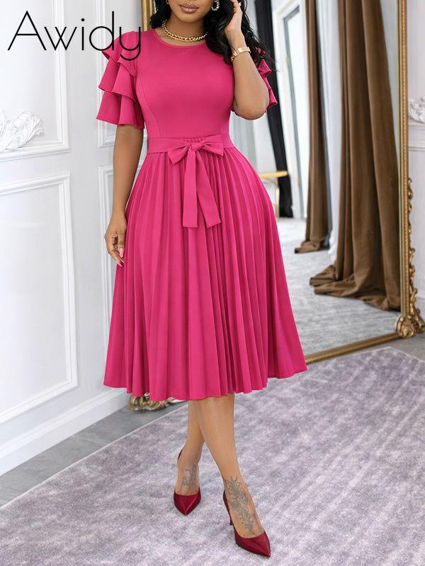 Solid Ruffle-Sleeve Pleated Dress