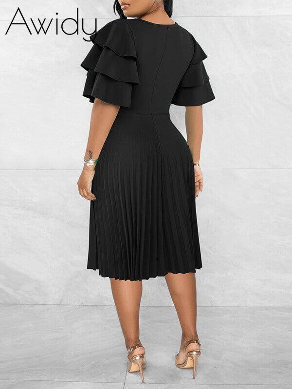 Solid Ruffle-Sleeve Pleated Dress