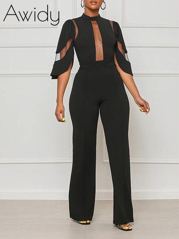 Solid Sheer Combo Jumpsuit--Clearance Black S