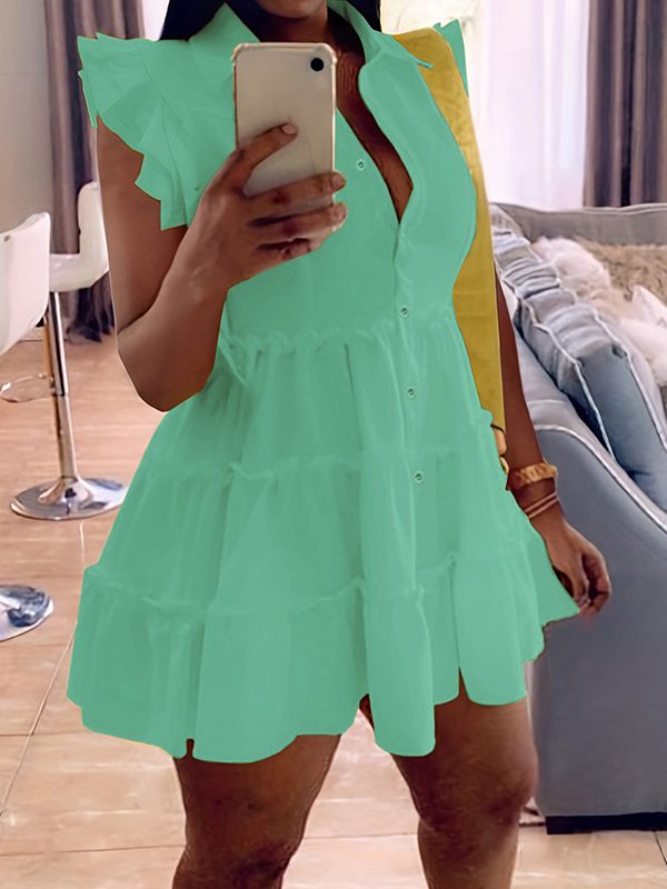 Robe chemise unie à volants