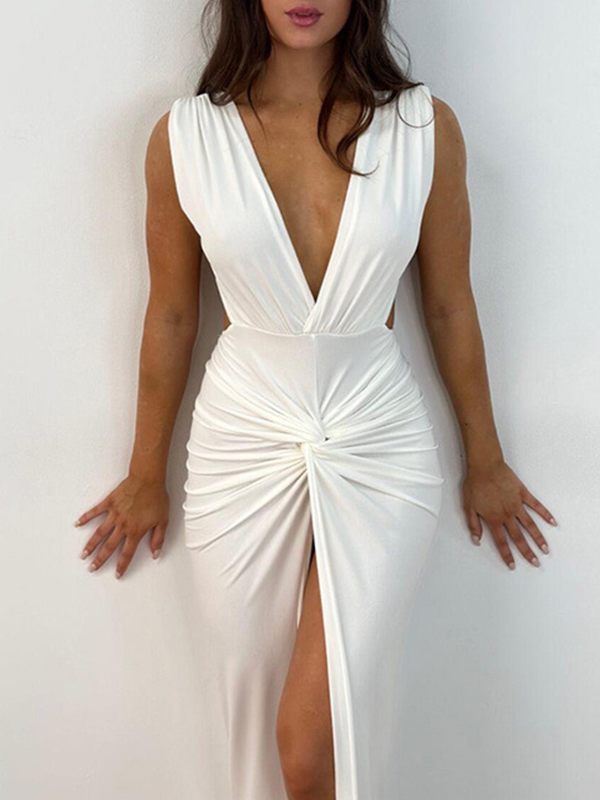 Tief ausgeschnittenes, rückenfreies Kleid mit verdrehtem Schlitz – Ausverkauf