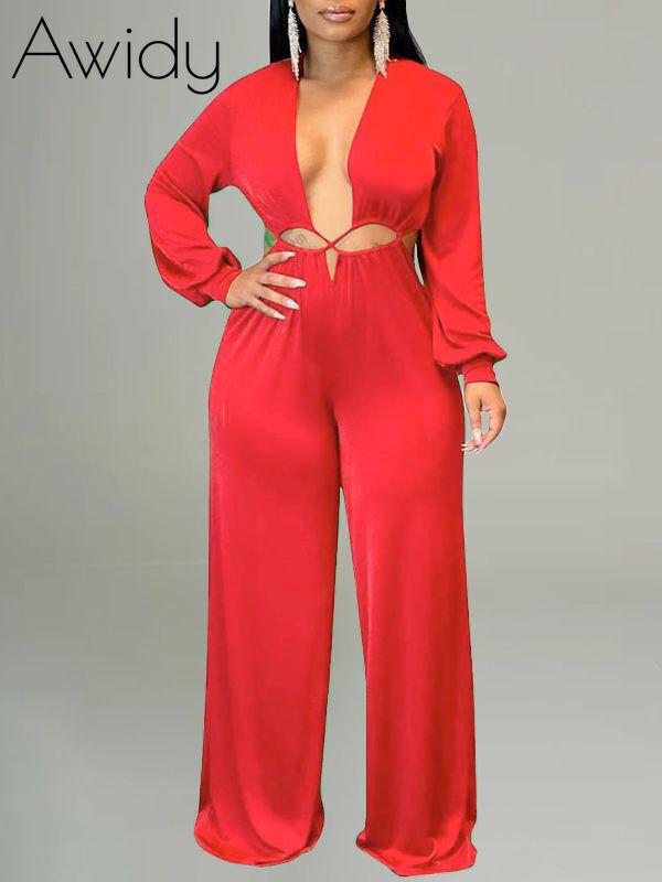 Lace-Up Plunge Jumpsuit--Clearance Red