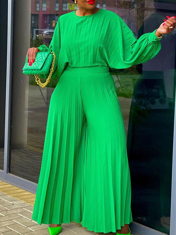 Ensemble haut à manches bouffantes plissées et pantalon large