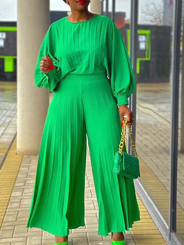 Ensemble haut à manches bouffantes plissées et pantalon large
