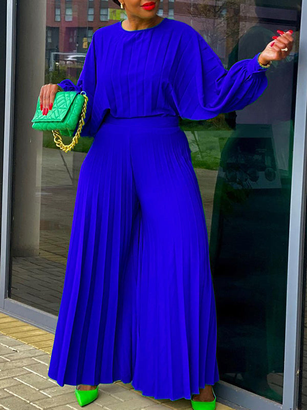 Ensemble haut à manches bouffantes plissées et pantalon large
