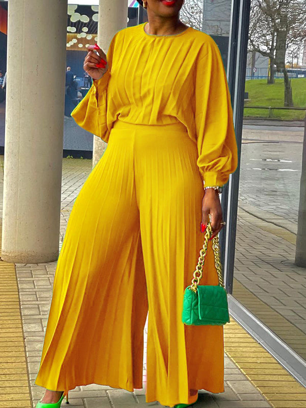 Ensemble haut à manches bouffantes plissées et pantalon large