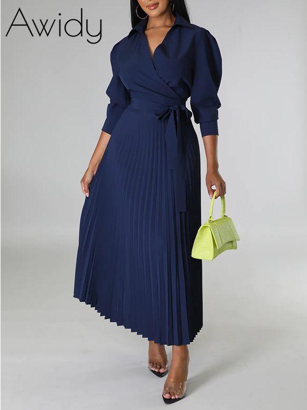 Solid Pleated Shirt Dress Navy