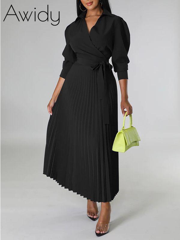 Solid Pleated Shirt Dress Black