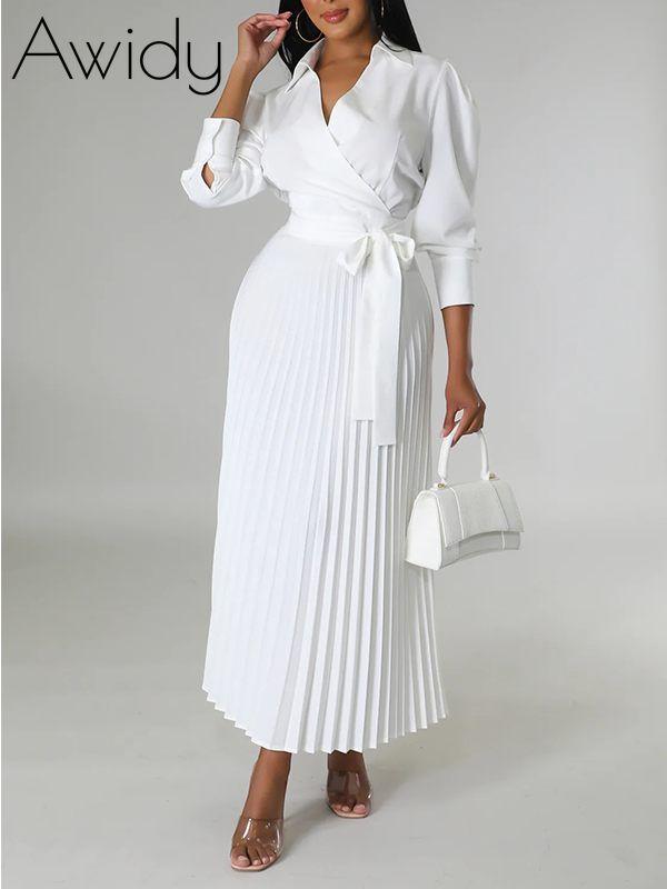Solid Pleated Shirt Dress White
