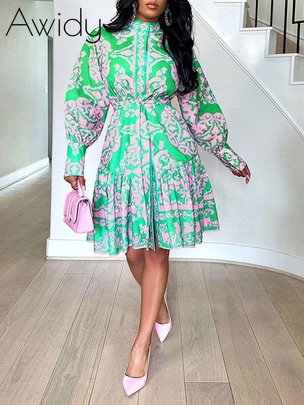 Printed Tied Shirt Dress Green