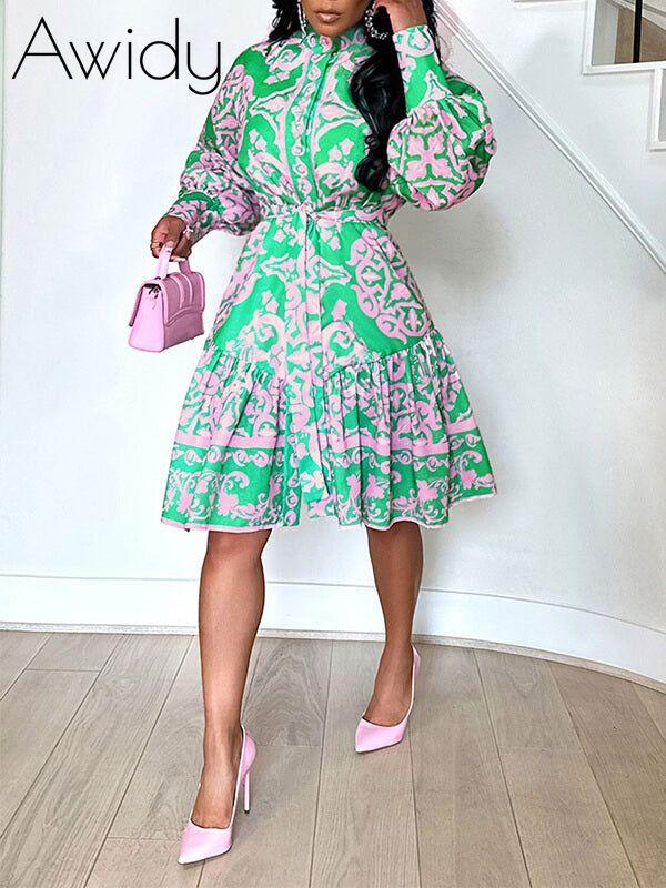 Bedrucktes Hemdkleid mit Bindeband