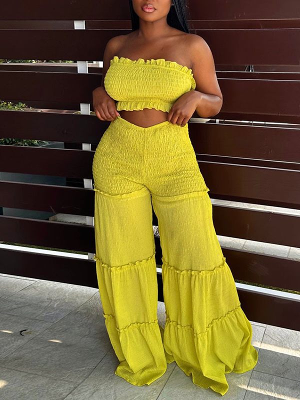 Set aus gesmoktem Bandeau-Top und Hose mit weitem Bein
