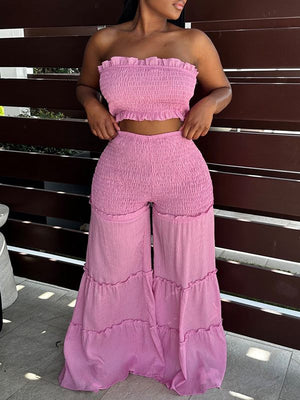 Indiebeautie Set aus gesmoktem Bandeau-Top und Hose mit weitem Bein