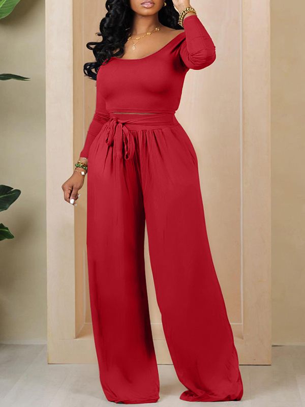 Ensemble haut à col bateau uni et pantalon noué