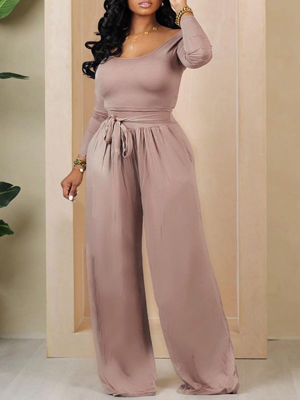 Ensemble haut à col bateau uni et pantalon noué