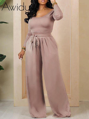 Solid Boat-Neck Top & Tied Pants Set Khaki