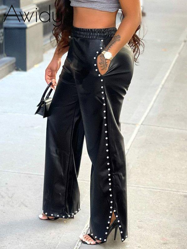 Studded Slit Faux-Leather Pants Black