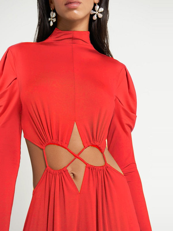 Lace-up Mock Neck Maxi Dress--Clearance