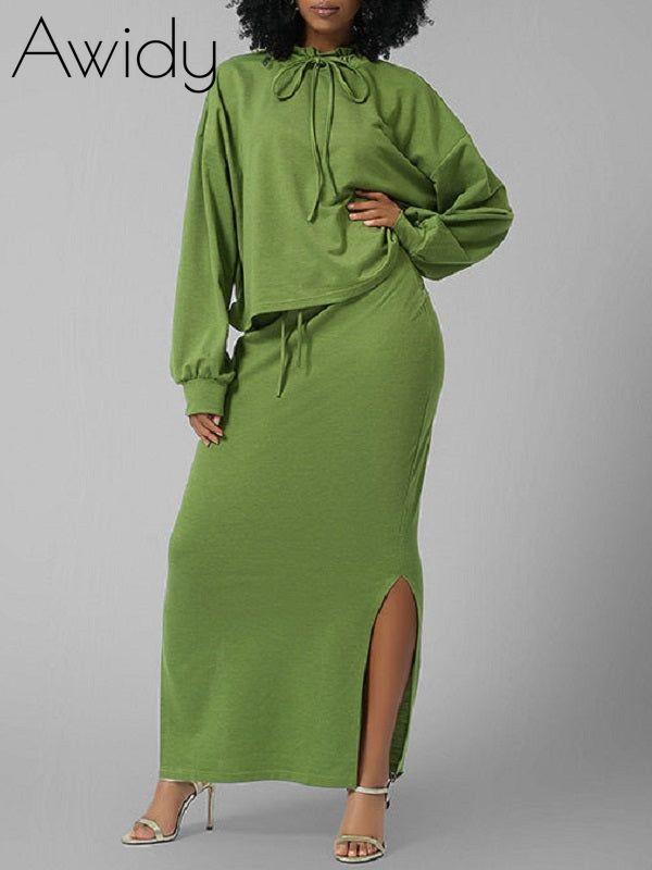 Tied Neck Top & Slit Skirt Set--Clearance Green