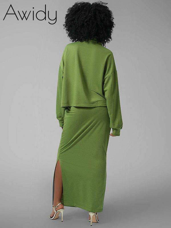 Tied Neck Top & Slit Skirt Set--Clearance