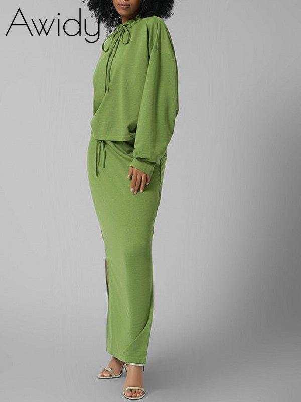 Tied Neck Top & Slit Skirt Set--Clearance