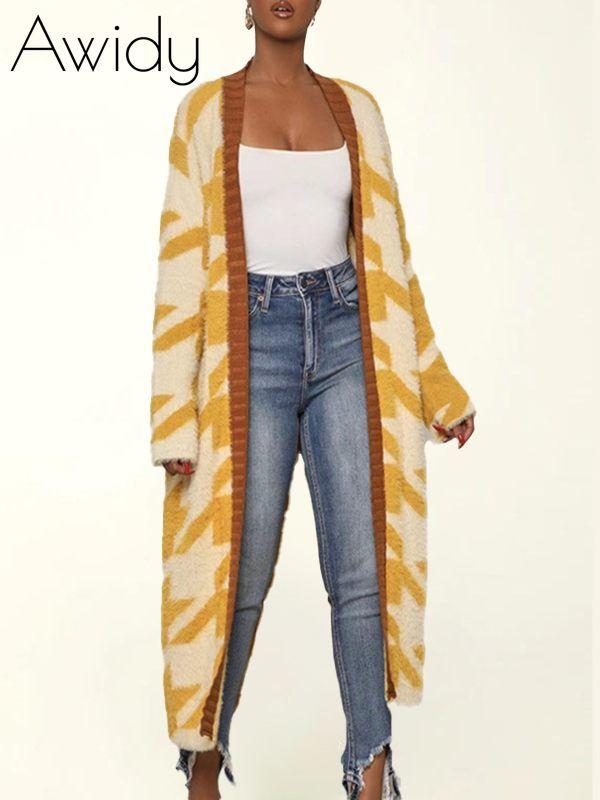 Houndstooth Open-Front Cardigan Yellow