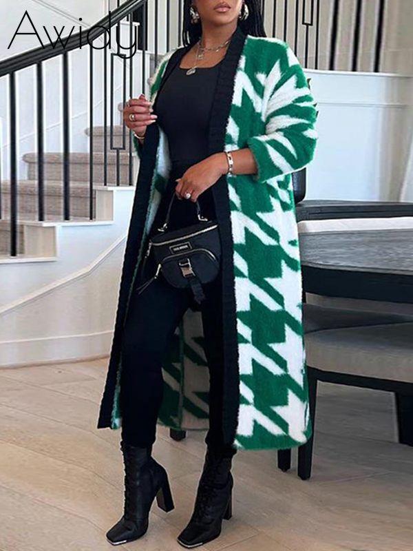 Houndstooth Open-Front Cardigan Green