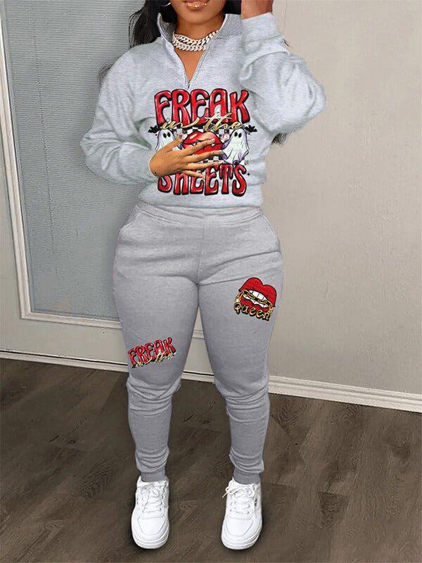 Ensemble sweat-shirt et pantalon imprimés à fermeture éclair sur le devant