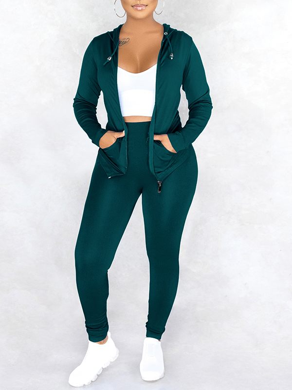 Einfarbiges Set mit Kapuzenpullover und Hose mit Reißverschluss