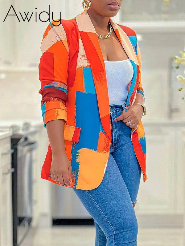 Printed One-Button Blazer Orange