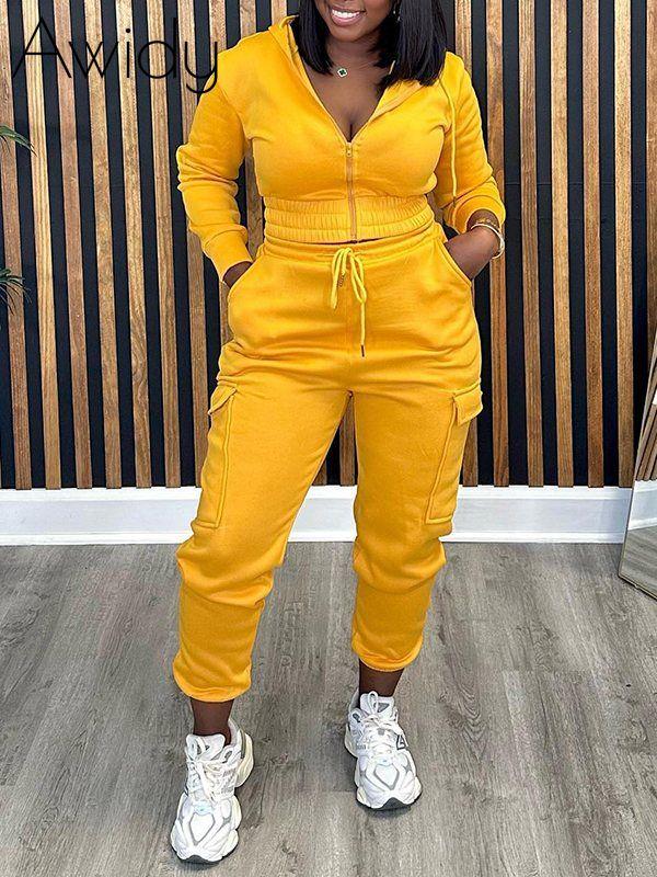 Solid Zip-Front Hoodie & Cargo Pants Set Yellow