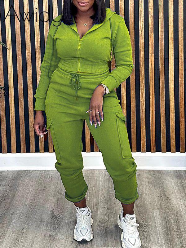 Solid Zip-Front Hoodie & Cargo Pants Set Green