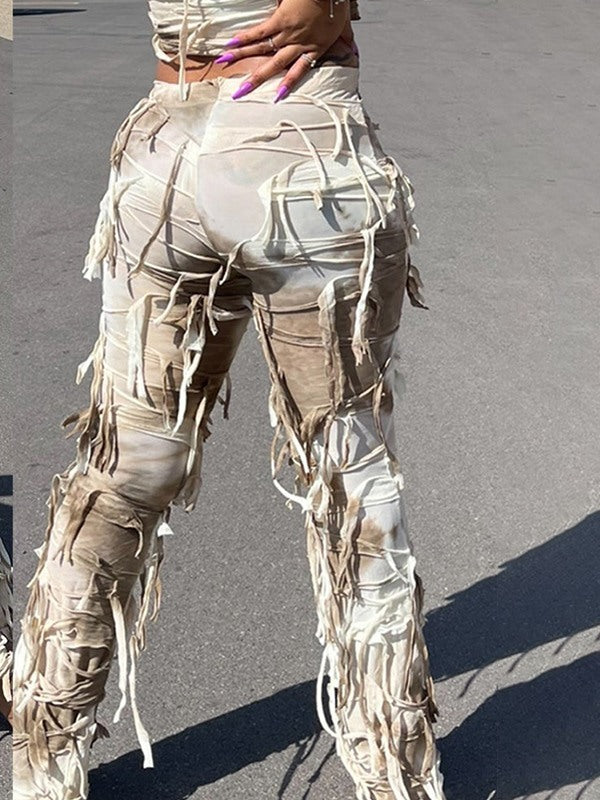 Pantalon tie-dye à franges