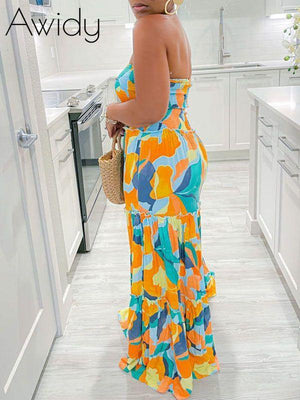 Printed Strapless Maxi Dress