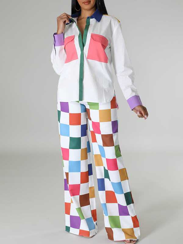 Set aus Hemd und Hose mit Farbblockdesign und weitem Bein – Ausverkauf